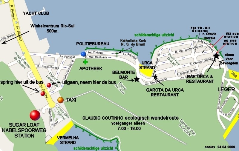 Stratenplan van Urca, Urca Strand, Vermelha (Red) Strand, locatie bushaltes, toeristische plaatsen, Sugar Loaf, openbaar vervoer, restaurants, ecologische parcours, mooie uitzichten